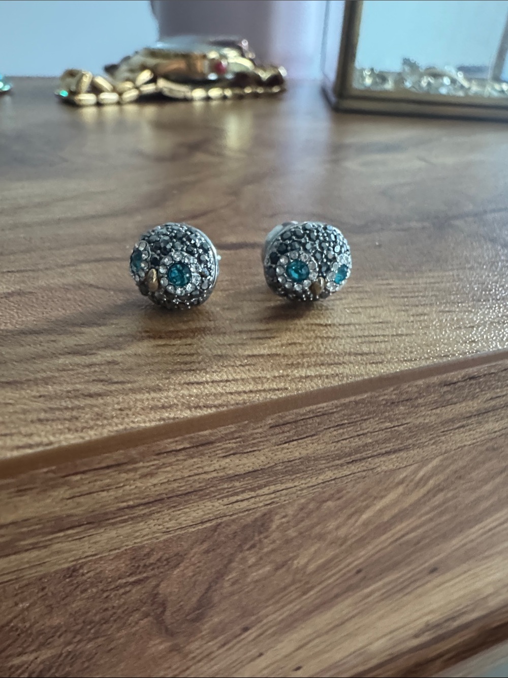 Fossil Owl Silver-Tone Pave Stud Earrings with Teal Accents